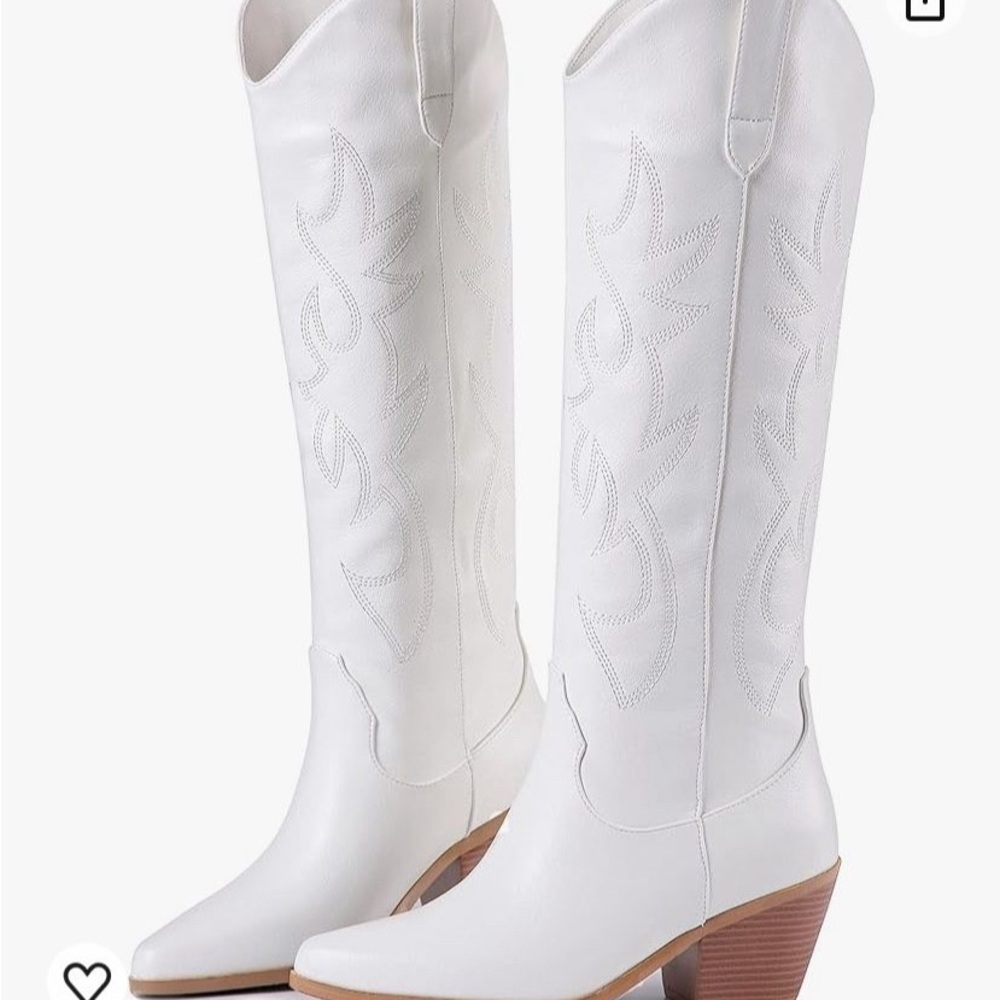 Source Unknown White Western Knee-High Heeled Boo… - image 1